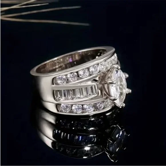 NEW Luxury 925 Silver Round Marquise Baguette Cut Round Engagement Wedding Ring - Picture 4 of 4